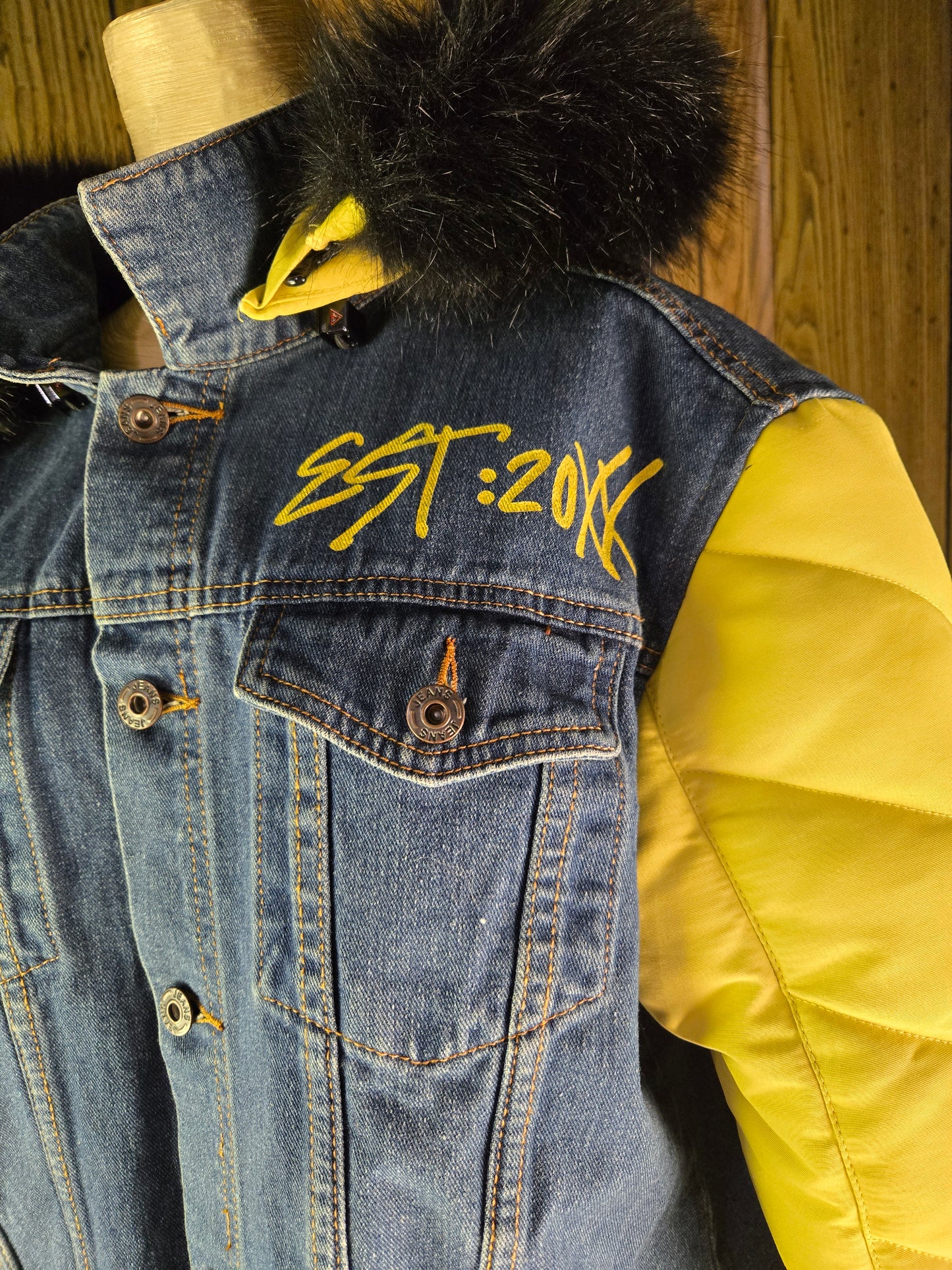 Electric yellow Denim Puffer hybrid Jacket