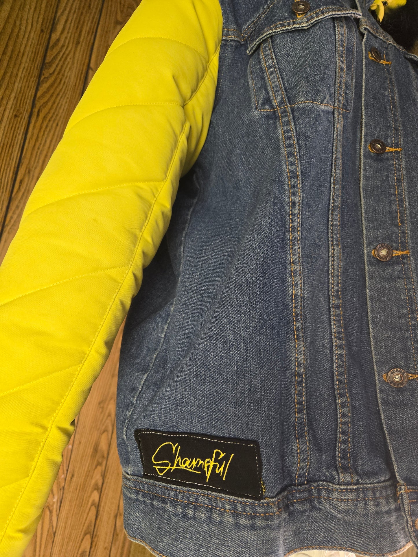 Electric yellow Denim Puffer hybrid Jacket