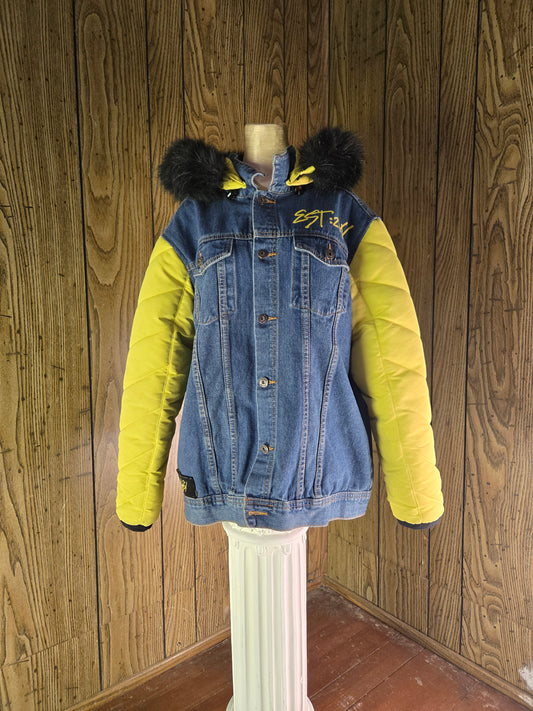 Electric yellow Denim Puffer hybrid Jacket