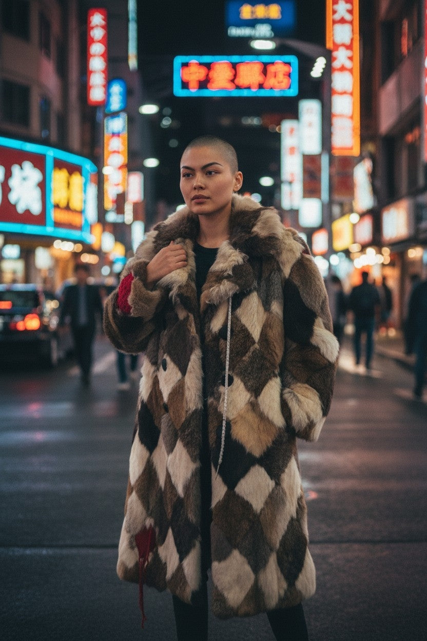 Crochet patched Rabbit Fur Coat