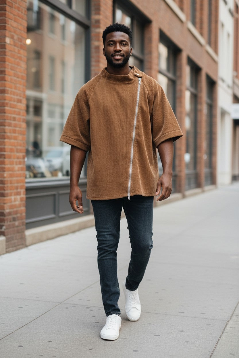Angled Zip Corduroy Coat